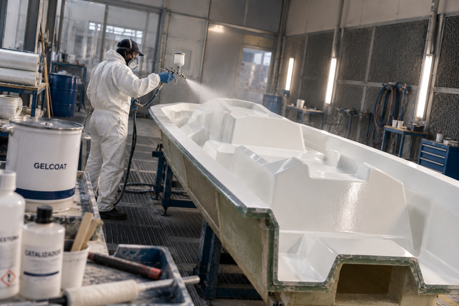 Aplicación de gelcoat por pulverización sobre molde de embarcación