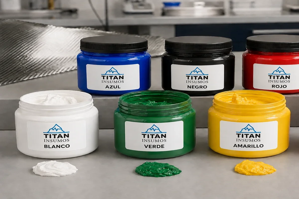 Potes de boca ancha con tapa negra y etiquetas TITAN sobre distintos colores